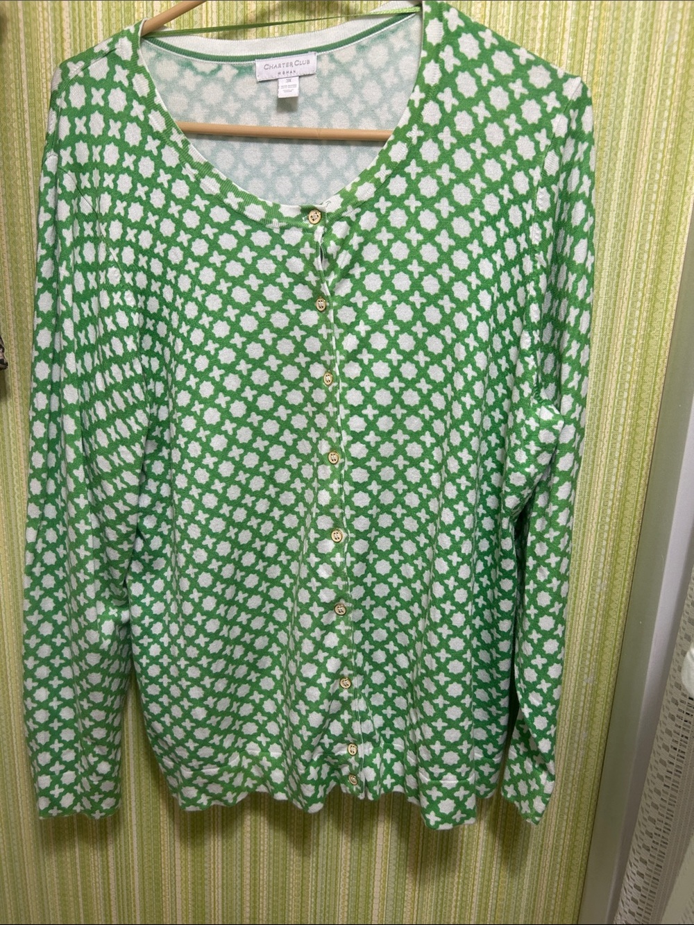 Charter Club Green and White Patterned Button-Front Cardigan